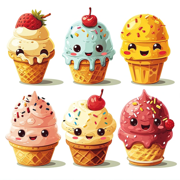 Adorable Ice Cream Mascot Stickers on a Clean White Background