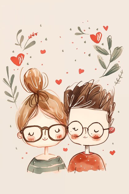 Photo adorable illustrated couple wearing glasses in love surrounded by hearts and leaves