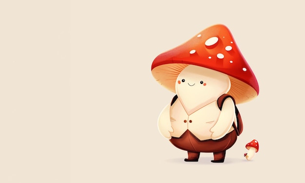 Adorable Illustration of Cartoon Mushroom Character with Red Cap Standing Next to Smaller Mushroom