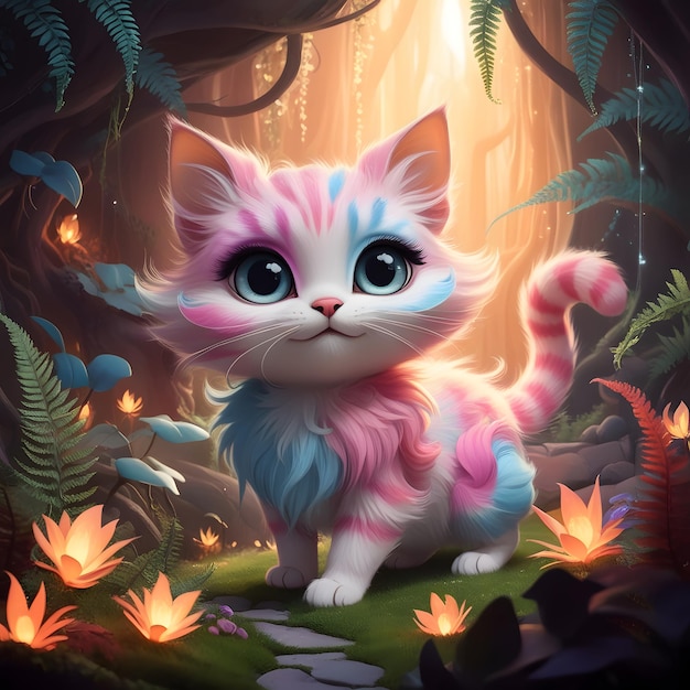 The adorable illustration of kittens playing in the forest