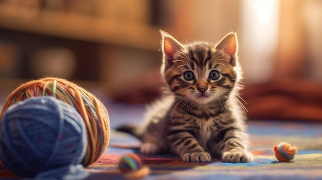 An adorable image of a kitten playing with a ball of yarn evoking the playful and mischievous natur