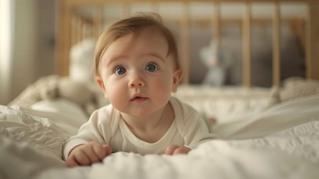 Adorable infant peacefully resting in crib at residence