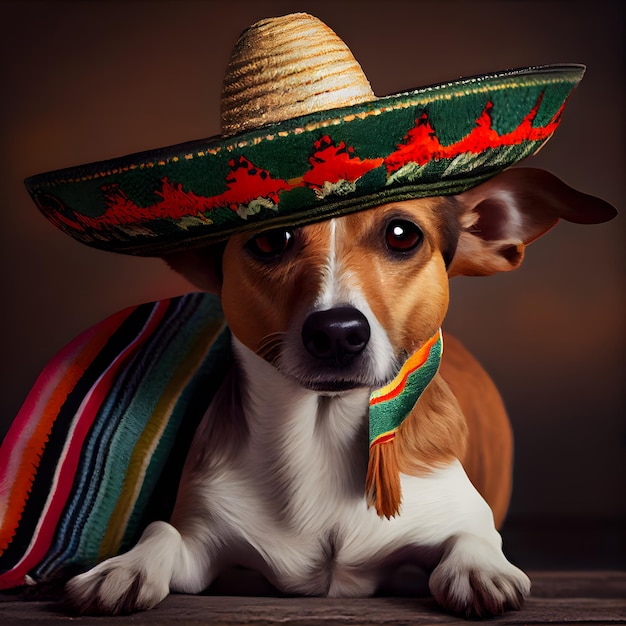 Adorable Jack Russel Breed dog wearing colorful Mexican hat over brown background Generative AI