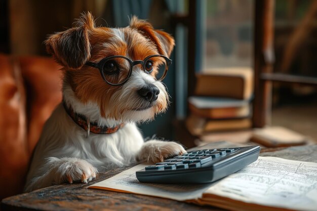 Photo adorable jack russell terrier accountant crunching numbers with a calculator