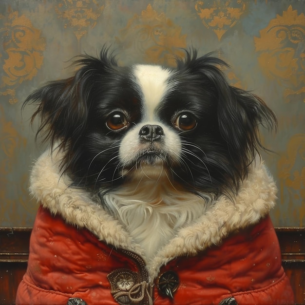 Photo adorable japanese chin breed dog portrayed in cozy indoor pet portrait painting