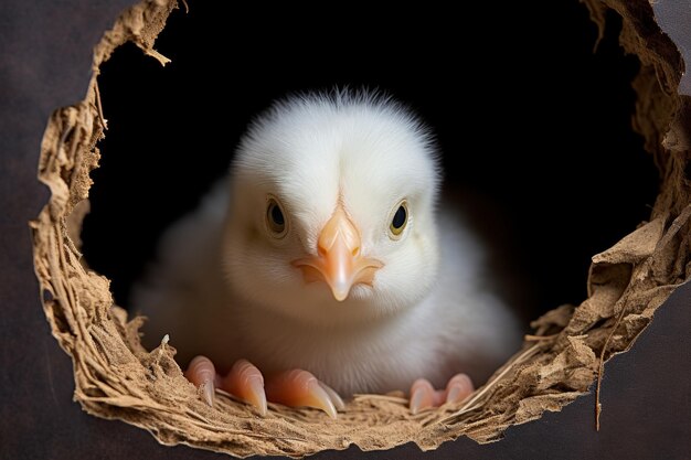 Photo adorable and joyful baby bird peeks out of an eggshell in a delightful and cheerful display