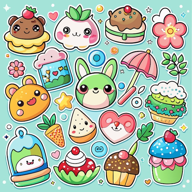 Adorable Kawaii Food and Animal Stickers Cute Digital Clipart for Crafts and Journals