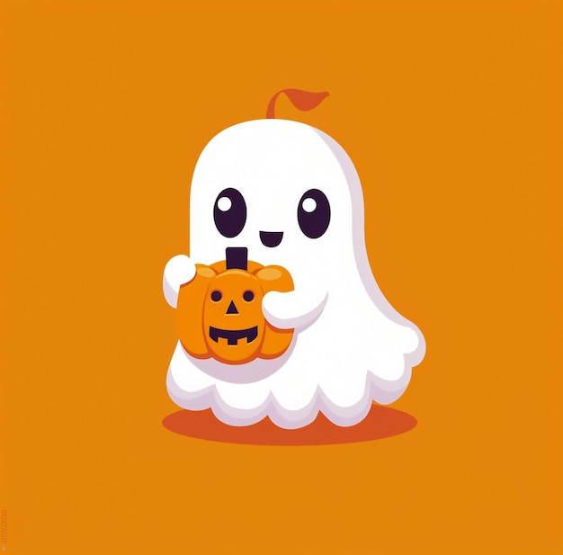 Adorable Kawaii Ghost on Glowing Pumpkin Cute and Spooky Halloween Illustration for Festive Fun