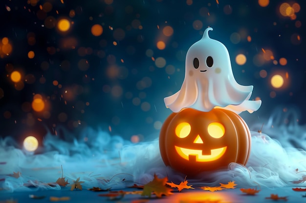 Adorable Kawaii Ghost on Glowing Pumpkin Cute and Spooky Halloween Illustration for Festive Fun