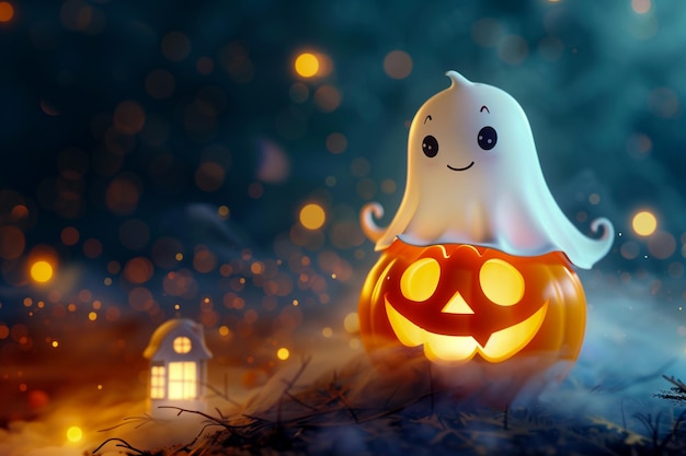 Adorable Kawaii Ghost on Glowing Pumpkin Cute and Spooky Halloween Illustration for Festive Fun