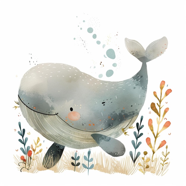 Adorable kawaii whale clipart in a light pastel palette perfect for nursery art