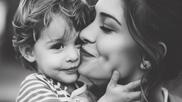 Photo adorable kid kissing mom on cheek in black and white