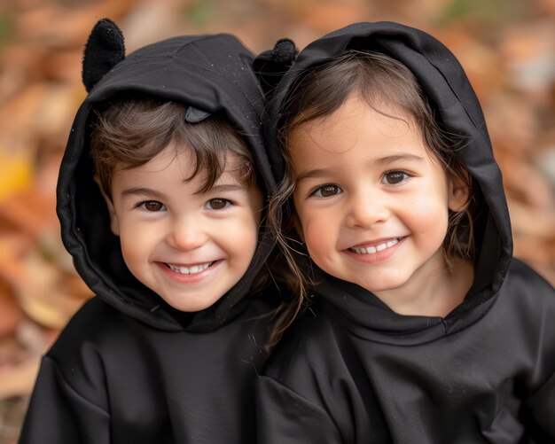 Photo adorable kids in black bat costumes enjoying a fall day in nature perfect halloween inspiration