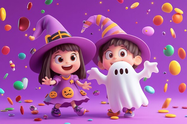 Photo adorable kids in halloween costumes with candy on purple background