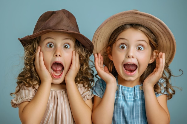 Photo adorable kids making funny faces childrens day playful moment photography cute girls with wide