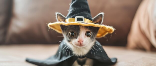 Photo adorable kitten dressed as a witch for halloween with black cape and pointed hat looking at camera