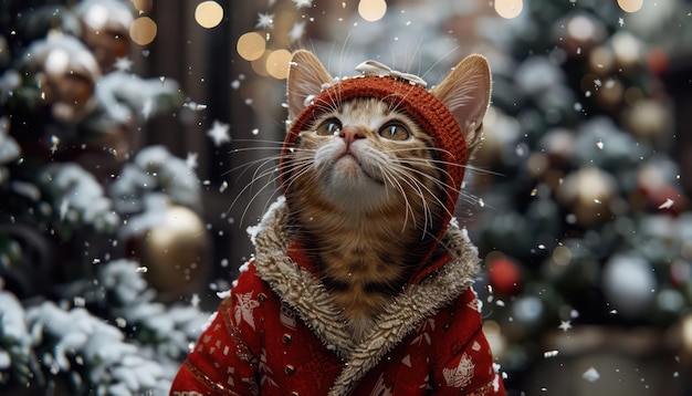 Adorable Kitten Dressed in Festive Winter Attire Embracing the Holiday Spirit with a Cozy Red Hat