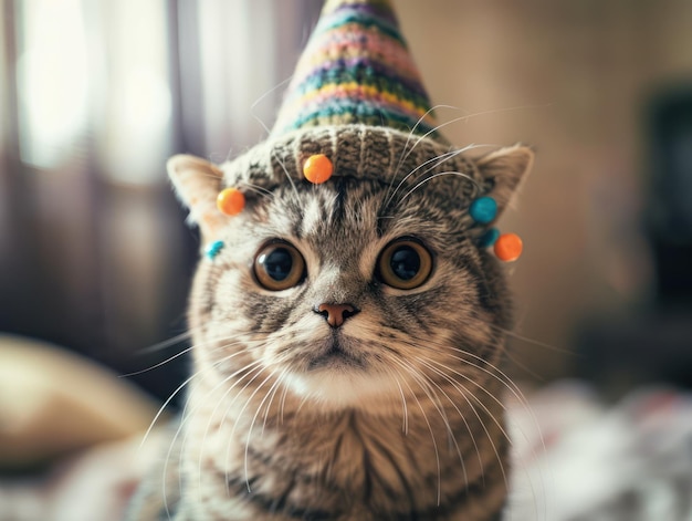 Photo adorable kitten in a festive party hat with colorful pins a playful fashion statement for your