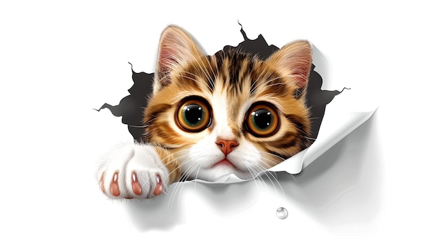 Adorable Kitten Peeking Through a Torn White Paper Perfect for Greeting Cards Cute Cat Illustration Fun and Playful Design AI