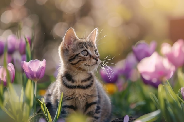 Photo adorable kitten perched on a branch surrounded by vibrant pink cherry blossoms in a dreamy springtime setting