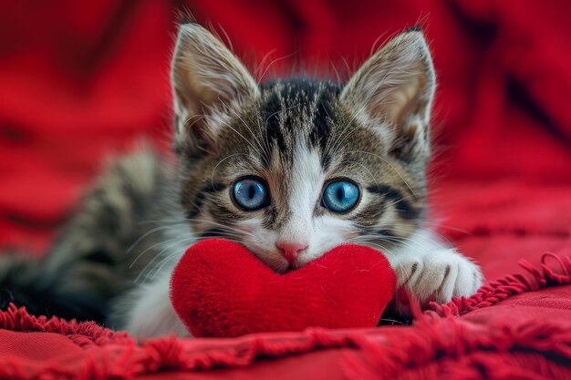 Photo adorable kitten relaxing at home for valentines day generative ai