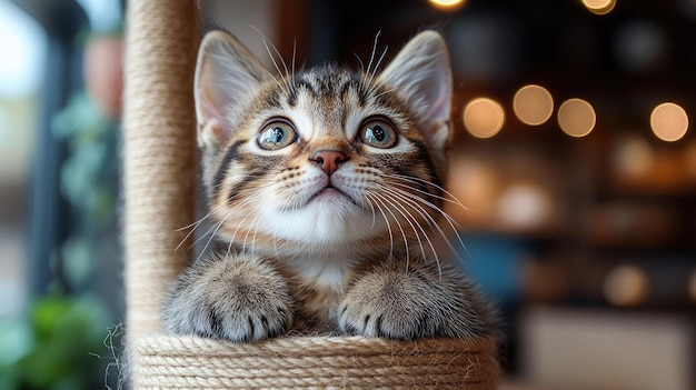 Photo adorable kitten on a scratching post