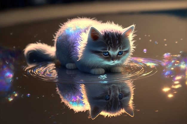 Adorable kitten sinking into a holographic puddle to a parallel universe