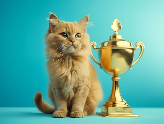 Adorable kitten sitting next to gold trophy Sky blue background Created with Generative AI technology