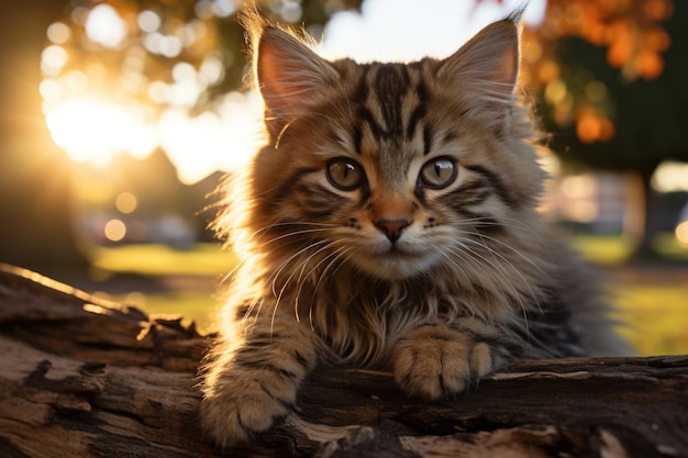 Adorable kitten sitting in the human hand in the park generative IA