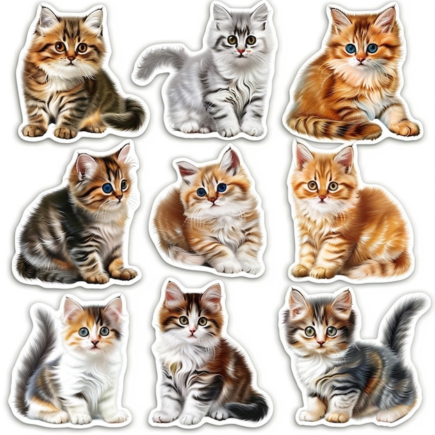 Photo adorable kitten stickers in various poses for decorating and personalizing your items