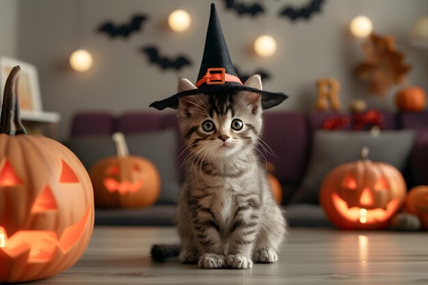 Photo adorable kitten wearing a witch hat surrounded by halloween decorations including jackolanterns