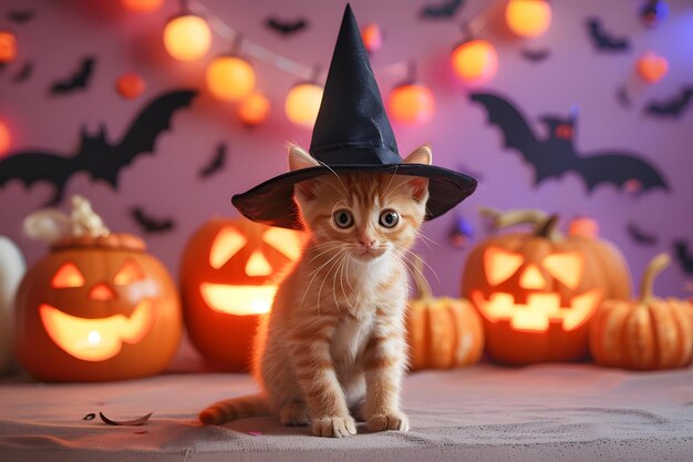 Photo adorable kitten in a witch hat surrounded by glowing jackolanterns and festive halloween decor