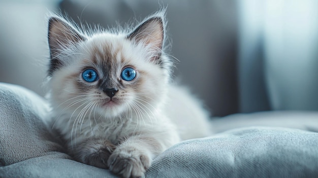 Adorable Kitten with Fluffy Coat and Bright Blue Eyes Sitting on a Soft Cushion with Tilte