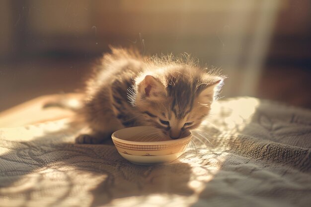 Photo adorable kitten with fluffy fur delicately drinking milk from a small bowl