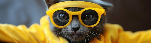 Photo adorable kitten in yellow sunglasses and hoodie celebrates in style a delightful and fashionable