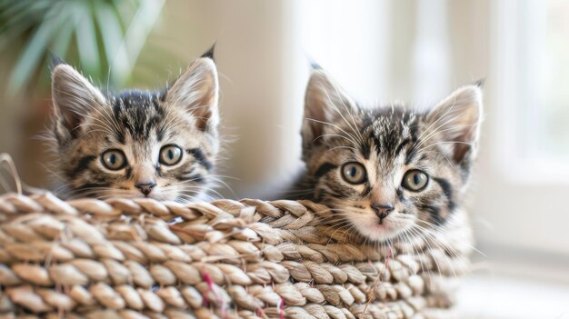 Photo adorable kittens peeking from basket in bright indoor setting perfect for text placement