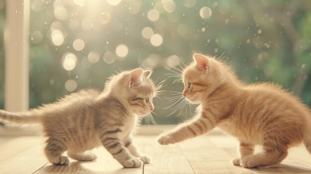 Adorable kittens playing together in sunlit room with blurred nature background