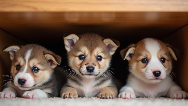 Photo adorable kittens and puppies peeking under rustic wooden table