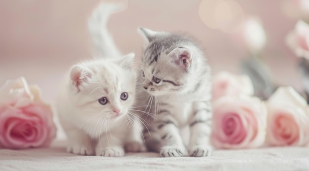 Photo adorable kittens snuggling amidst soft pink roses in a cozy setting