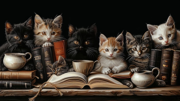 Photo adorable kittens studying with books and coffee cups