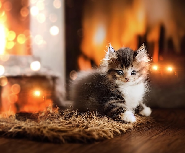 adorable kitty cat sit on wooden floor near camin open fire