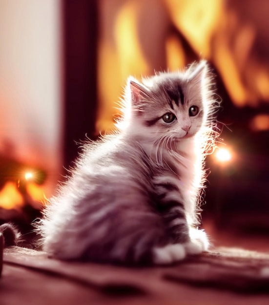 adorable kitty cat sit on wooden floor near camin open fire