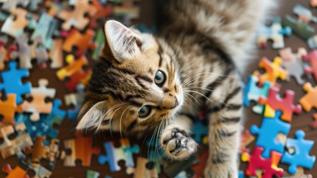 Adorable kitty enjoys puzzle play from a top view showcasing intelligence with charm