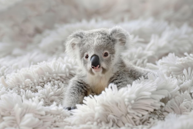 An adorable koala bear nestled in soft bedding