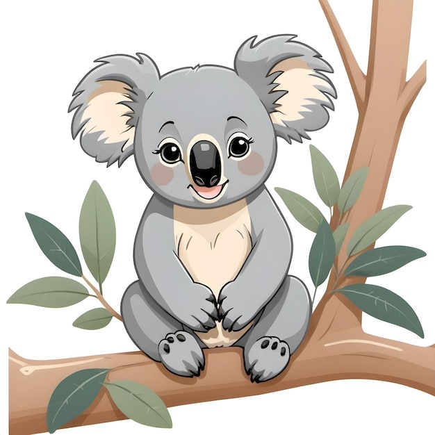 Photo adorable koala sitting on a tree branch cute animal illustration cartoon koala with leaves