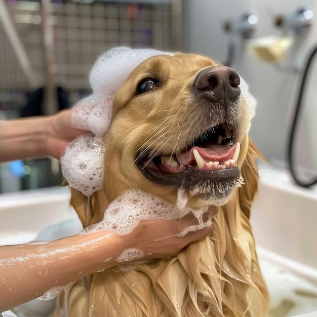 Adorable Labrador dog enjoying a bath with bubbles and gentle grooming