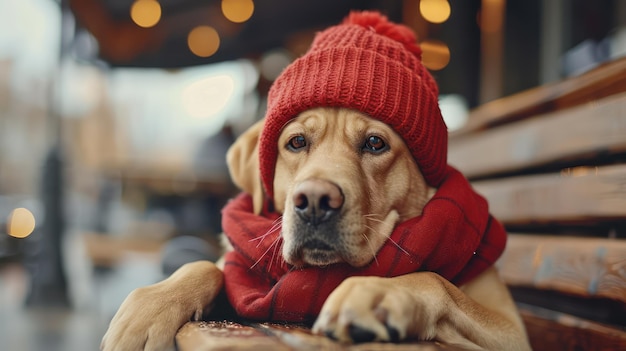 Adorable Labrador Retriever Wearing a Red Beanie and Scarf Winter Fashion for Dogs Pet