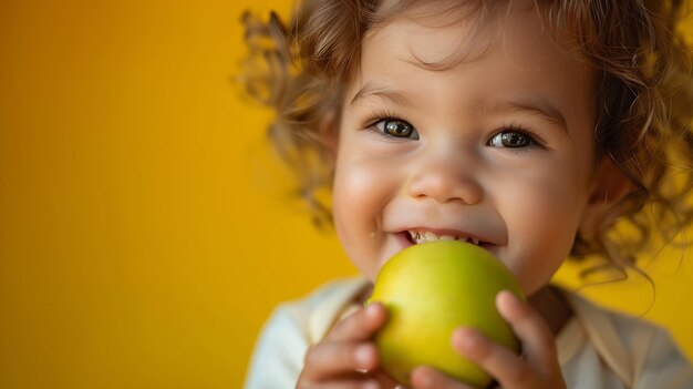 Photo adorable latin toddler smiling happy eating green apple looking to the camera over i generative ai