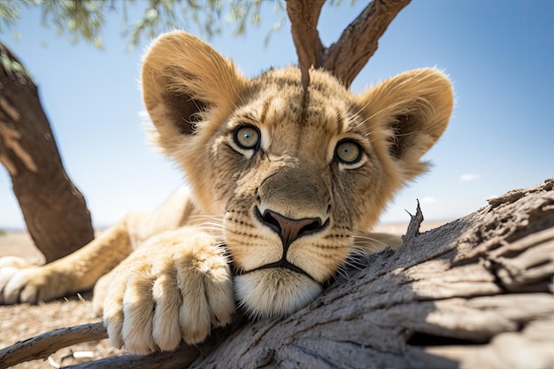 Adorable Lion Cub Chewing on Bone under Tree with Clear Blue Sky Background generative AI