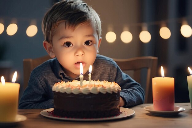 Photo adorable little boy blowing out birthday cake candle generative ai art